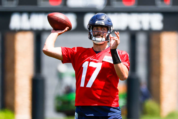 Seattle Seahawks quarterback Jacob Eason (17) participates in a drill during an OTA workout at the Virginia Mason Athletic Center.
